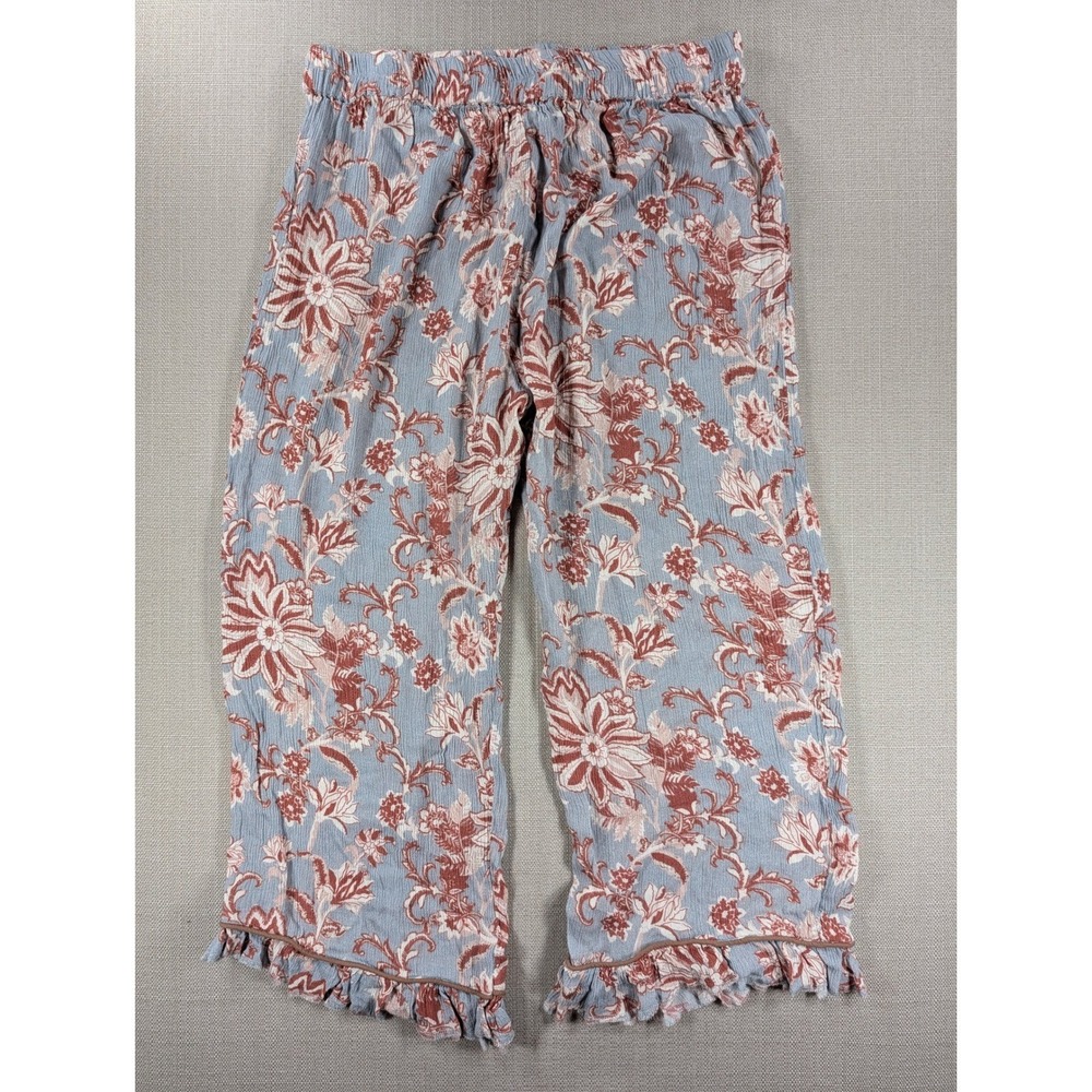 World Market Women Blue Terracotta Floral Ruffle Hem Capri Pants Size M Boho